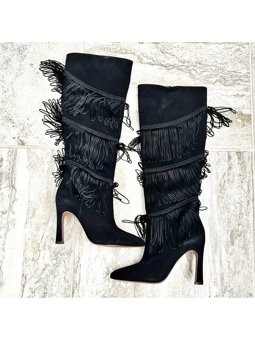 BCBGMaxazria Suede Fringe Heeled Boots, Black Size 7.5 New w/o Box Retail $499